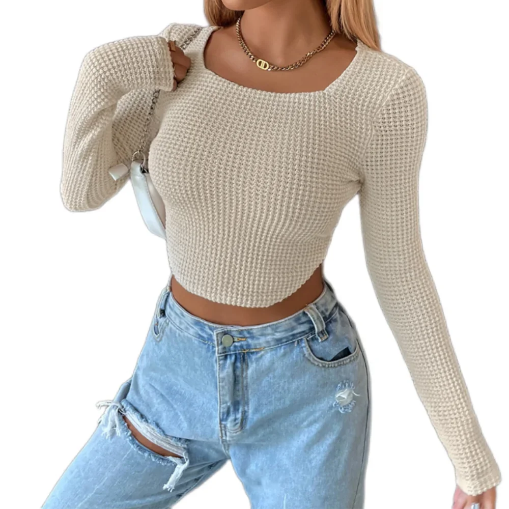 DZ-DZ Women Y2k Aesthetic Suqare Neck Waffle Knitted Crop Tops Casual Long Sleeve Slim Fit Going Out Crop Tee Shirt