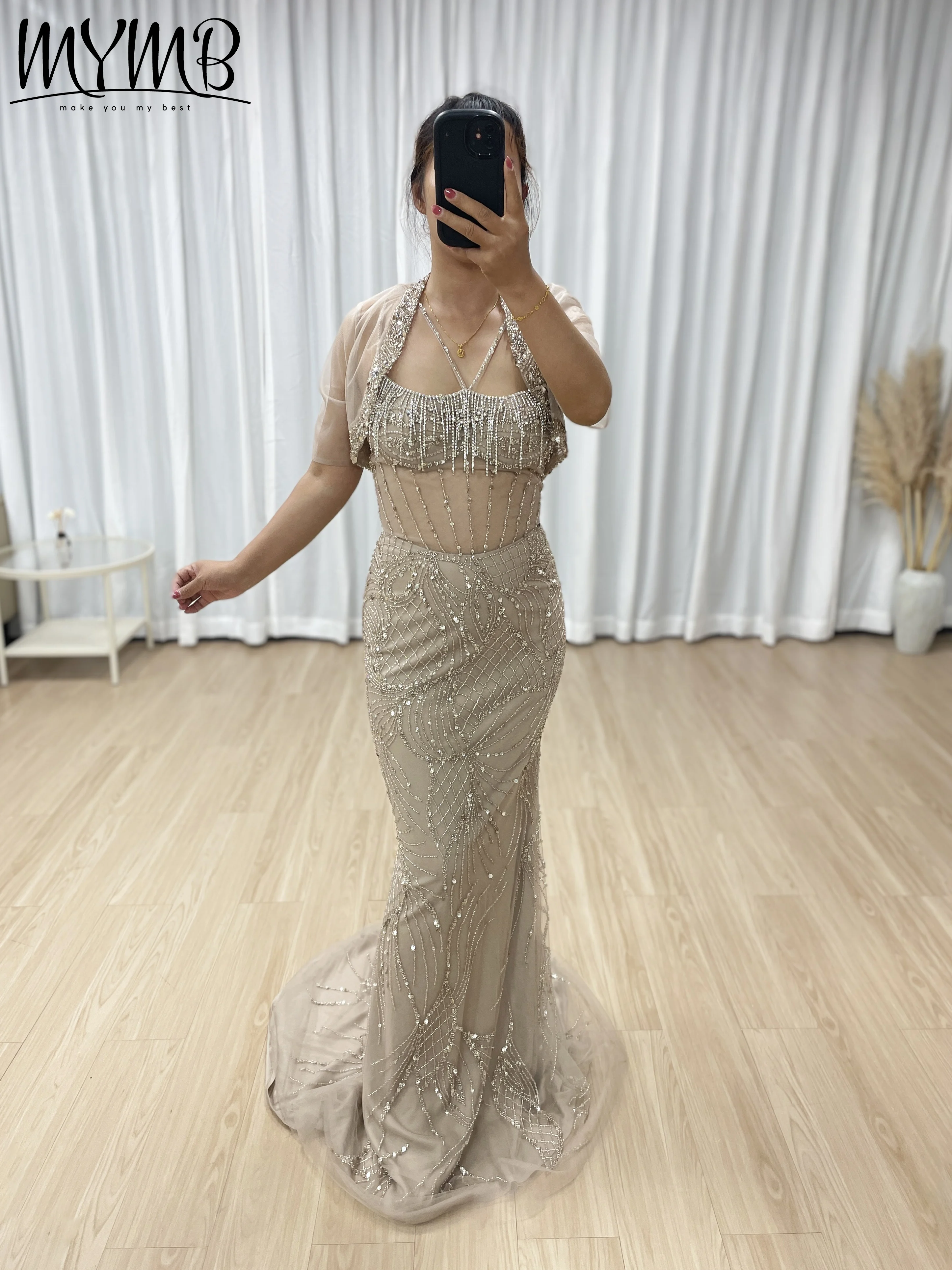 

MYMB Elegant Caramel Spaghetti Strap Beaded Sheer Mesh Evening Gown with Shoulder Wrap Women Wedding Party Gown new MB40387