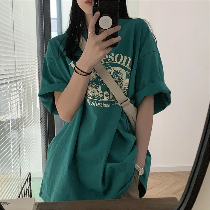 Pure Cotton Summer Korean Style Loose Design Fun Print BF Style Short Sleeve T-Shirt Women Trendy Cool Top round Neck Commute...