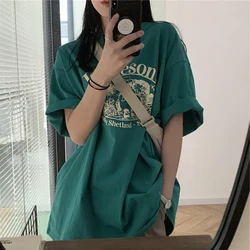 Pure Cotton Summer Korean Style Loose Design Fun Print BF Style Short Sleeve T-Shirt Women Trendy Cool Top round Neck Commute...