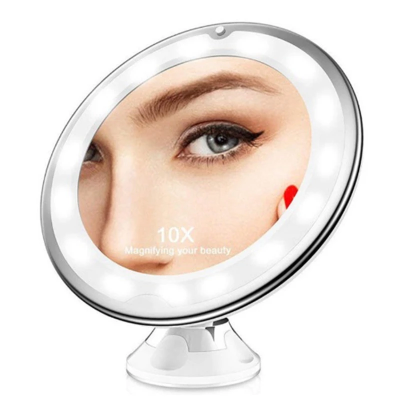 LED ampliação Make Up Mirror, 10X, pode bloqueio ventosa, 360 graus de rotação, ajustável para casa, viagens, banheiro-bateria