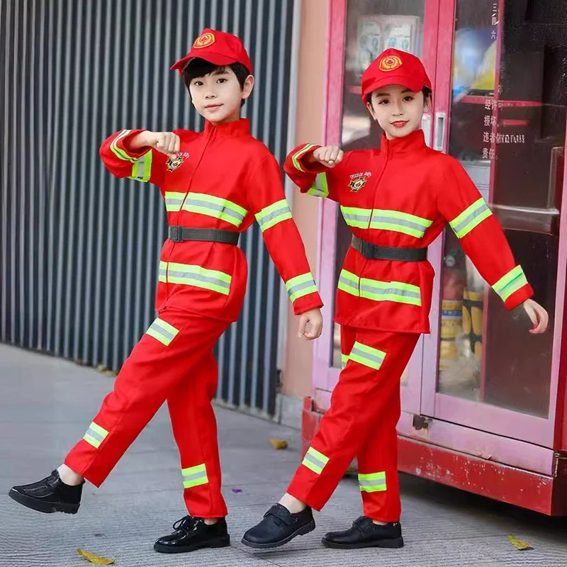 Firefighter Uniform Children Cosplay Halloween Costume Kids Boys Girls Carnival Party Fireman Fancy Clothing