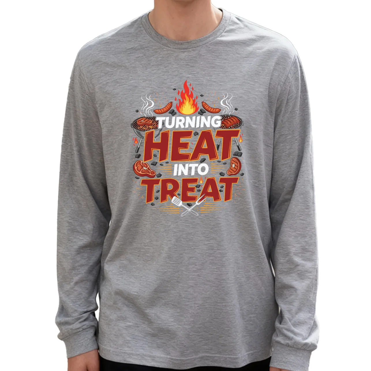 تي شيرت رجالي بأكمام طويلة من Turning Heat to Treat 100% قطن 180 جرام برقبة دائرية نمط يومي غير رسمي ناعم وقابل للتنفس