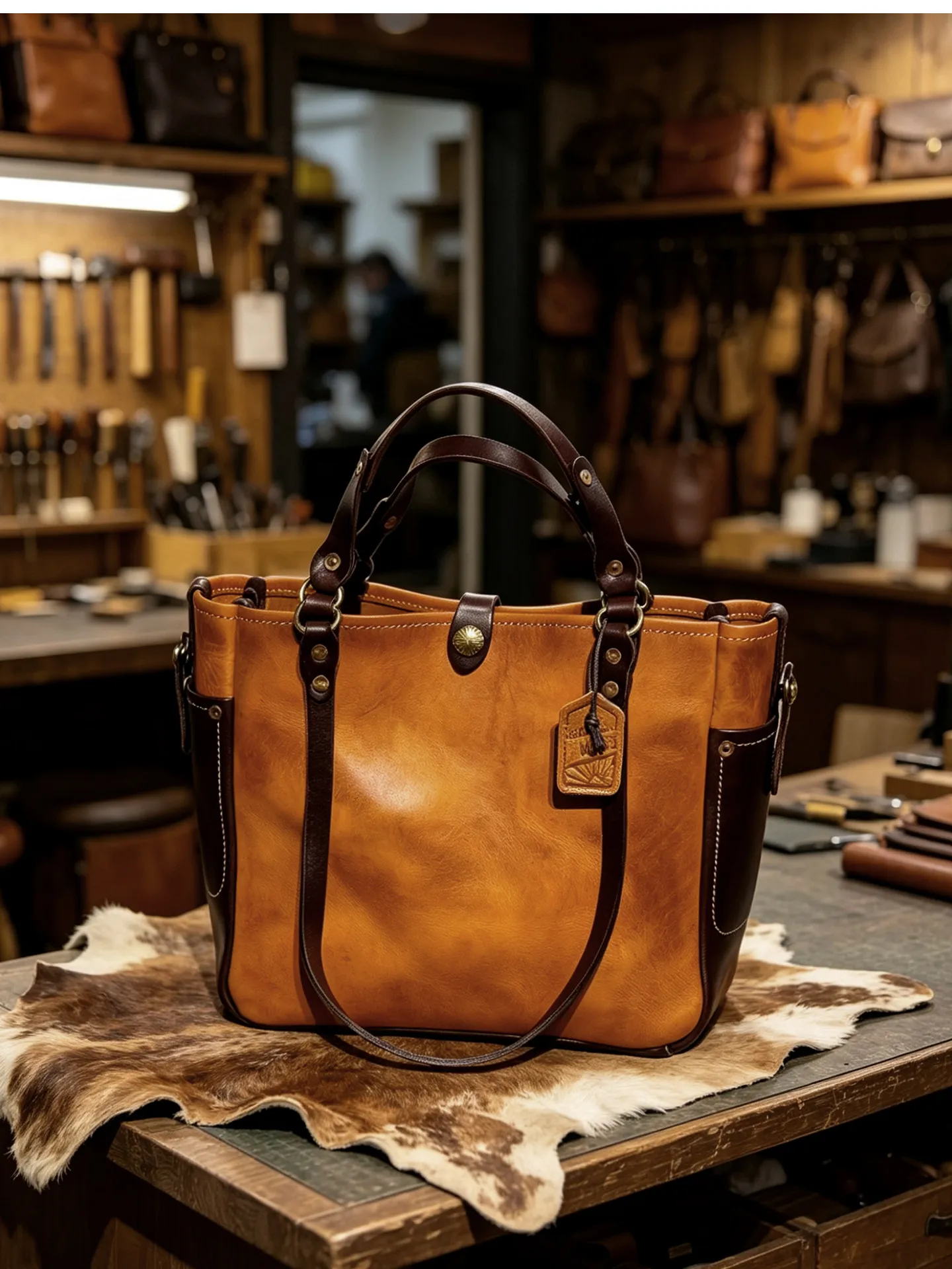 Vintage Designer Handgefertigte Arbeits-Tragetasche aus pflanzlich gegerbtem Rindsleder für Herren, Business Casual Luxus Naturleder Handtasche – Detail 6