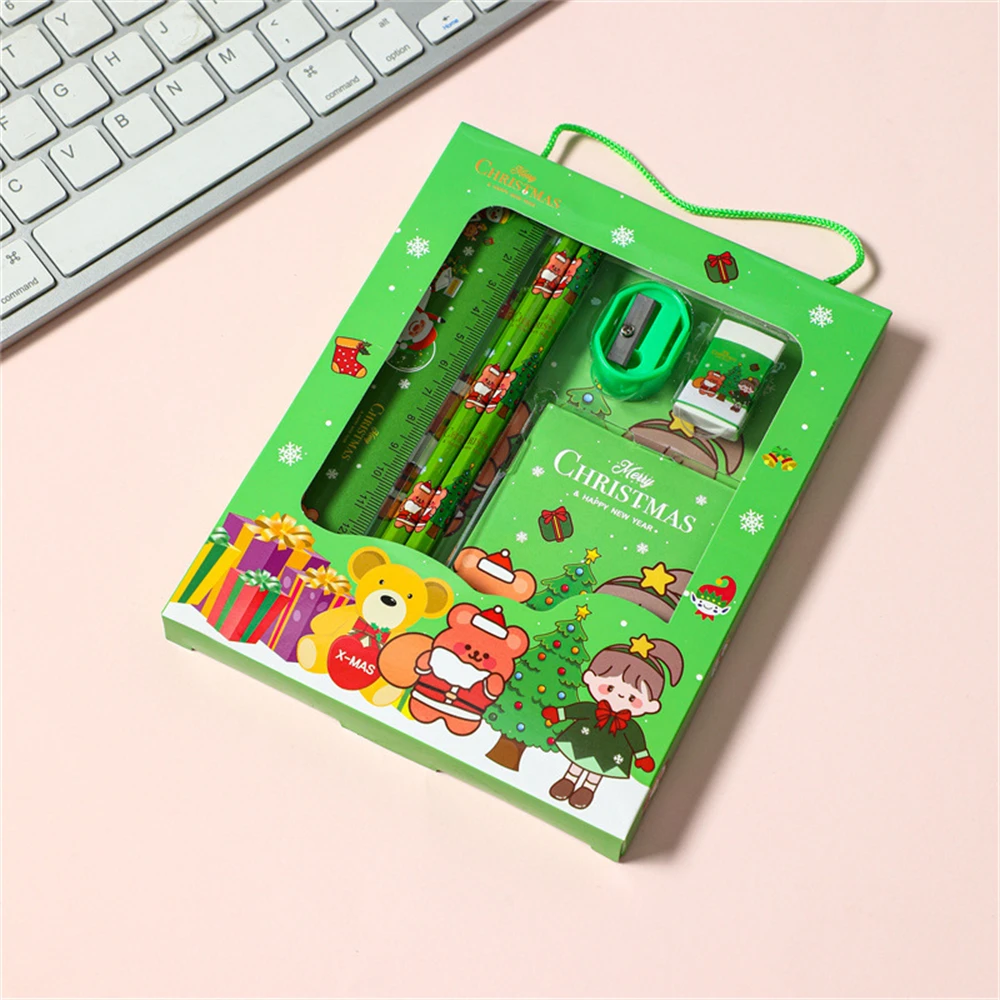 6pcs Christmas Stationery Set Kids Cartoon Pencils Eraser Ruler Memo Pads Pencil Knife Set School Supplies Back To School Gift