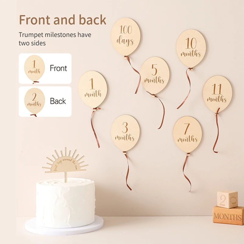 9PCS Newborn Wooden Balloon Milestone1-12 Month Card Wooden Baby Milestone Children Photography Props Birthday Party Decoration