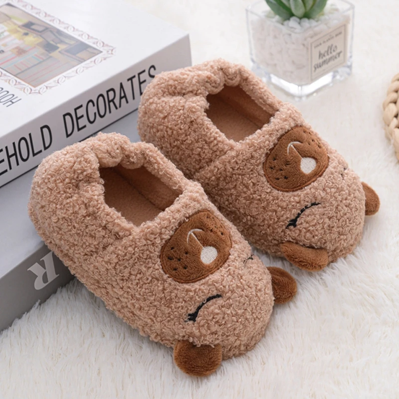 Toddler Boy Slippers for Kids Indoor Winter Cartoon Animal Bear Plush Warm House Footwear Soft Rubber Sole Home Shoes Baby Items