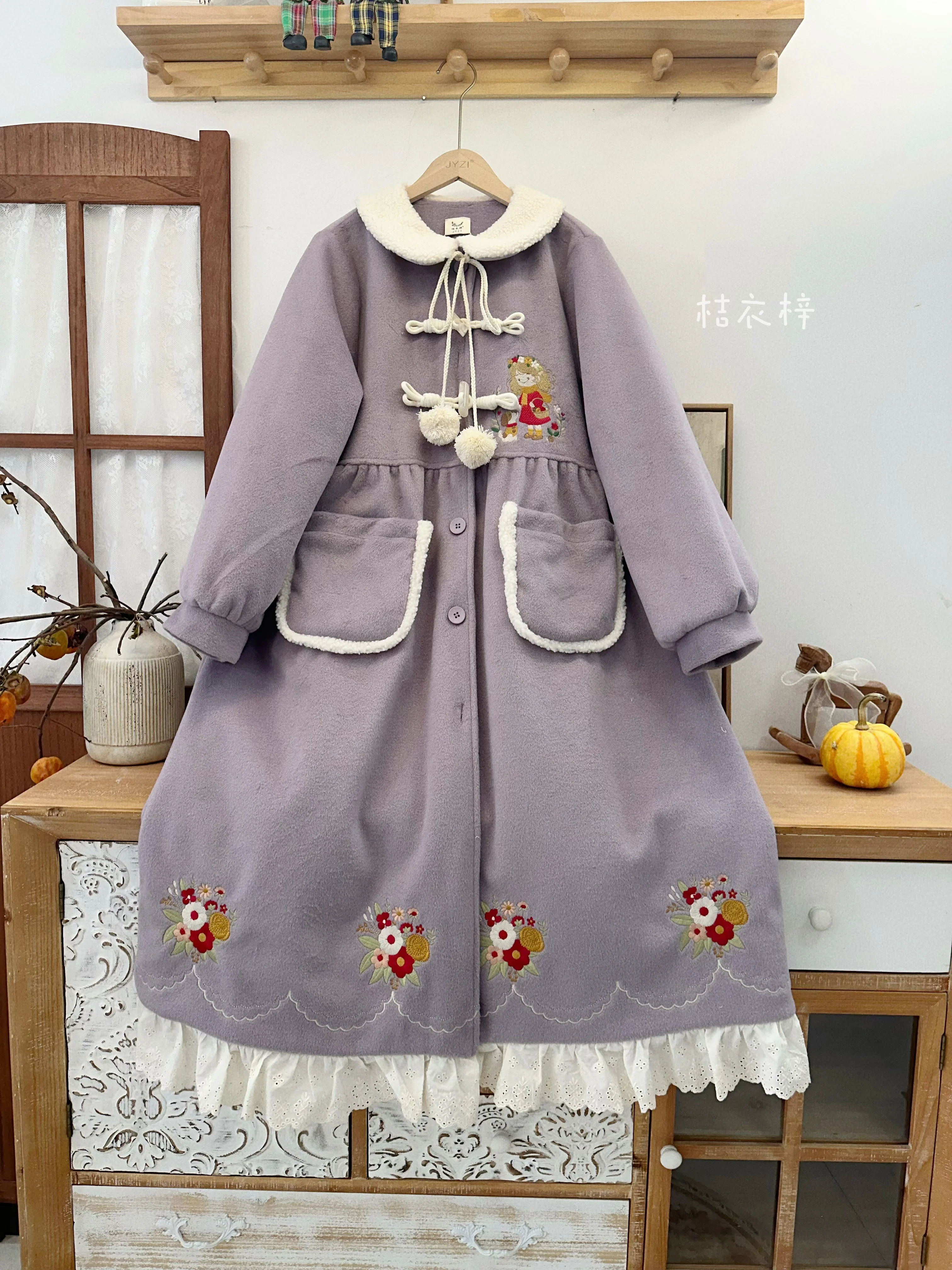 موري فتاة Cla لوليتا ملابس خارجية طويلة الخريف الشتاء المرأة الجديدة فضفاضة ضئيلة الحلو التطريز معطف ثقيل معطف الصوف سترة #3