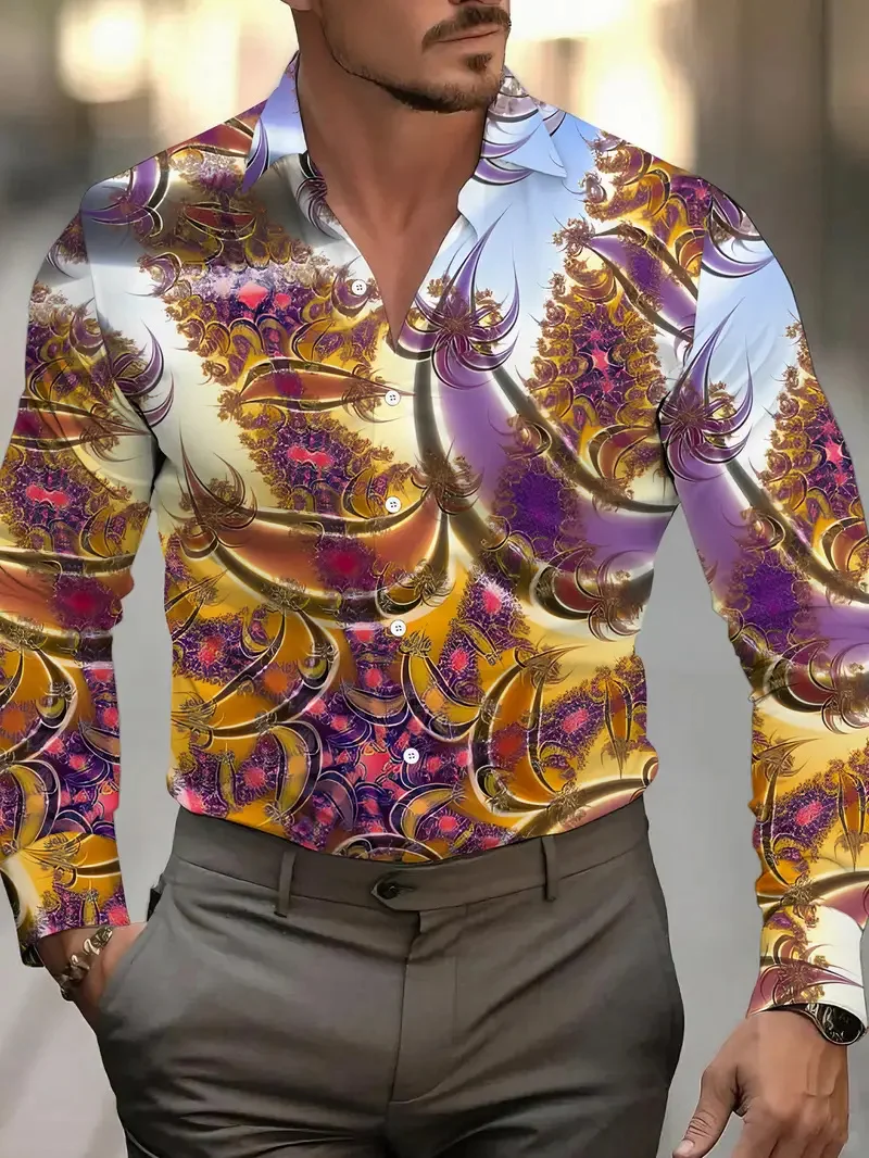 Men's Shirt 3D Vintage Chain Print Outdoor Striped Long Sleeve Button Clothing Fashion Street Style Design