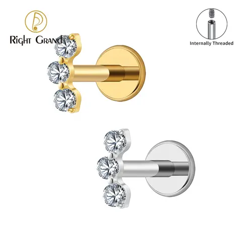 Right Grand Joia de Piercing em Titânio ASTM F136 para Hélix, Tragus ou Flat – Modelo Ear Climber Delicado com Três Zircônias e Base Plana (Calibre 16G)