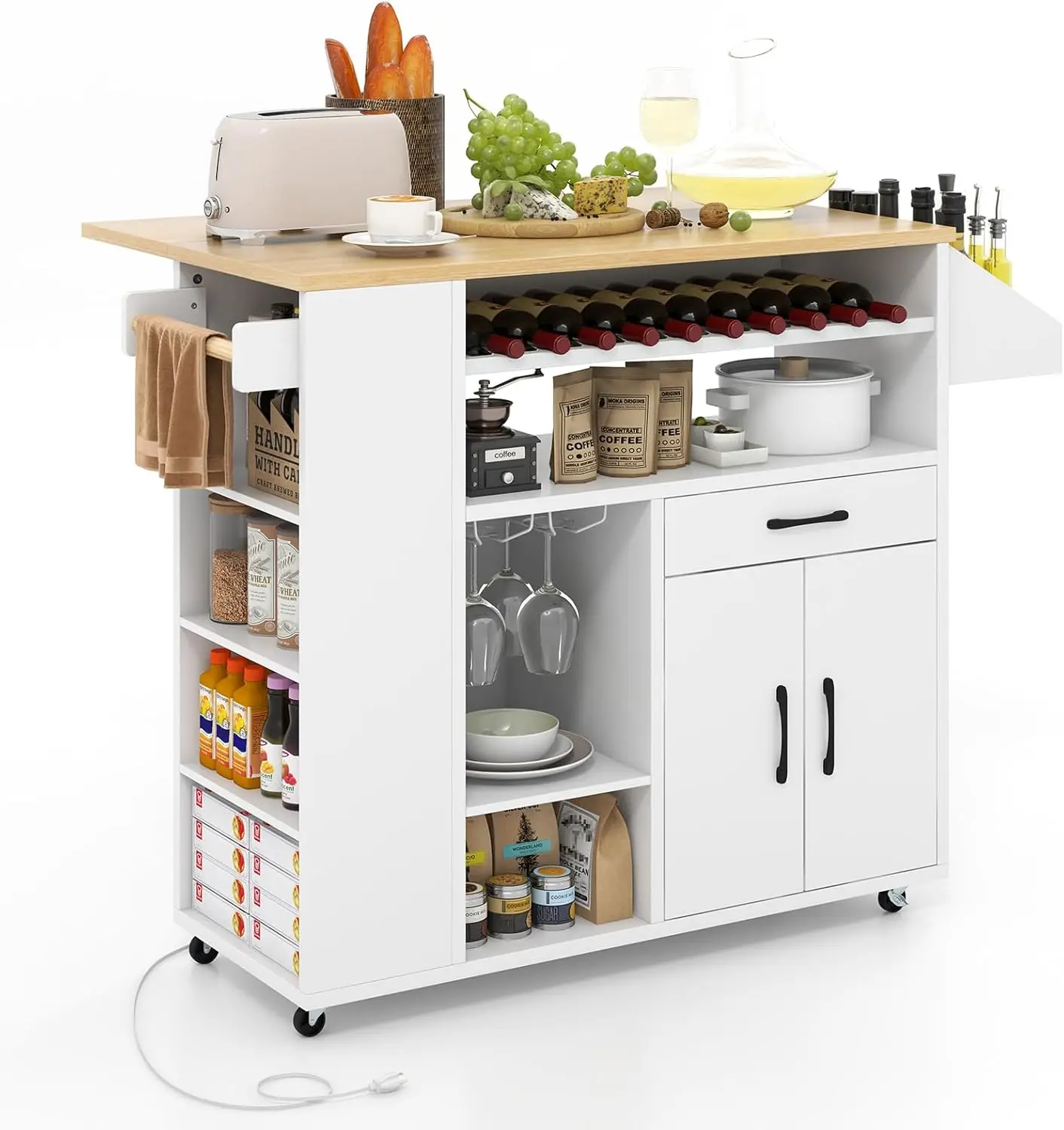 GOFLAME Kitchen Island Cart with Drop-Leaf & Power Outlet, Rolling Kitchen Cart on Wheels with Wine Rack, Glass Holder, Drawer,