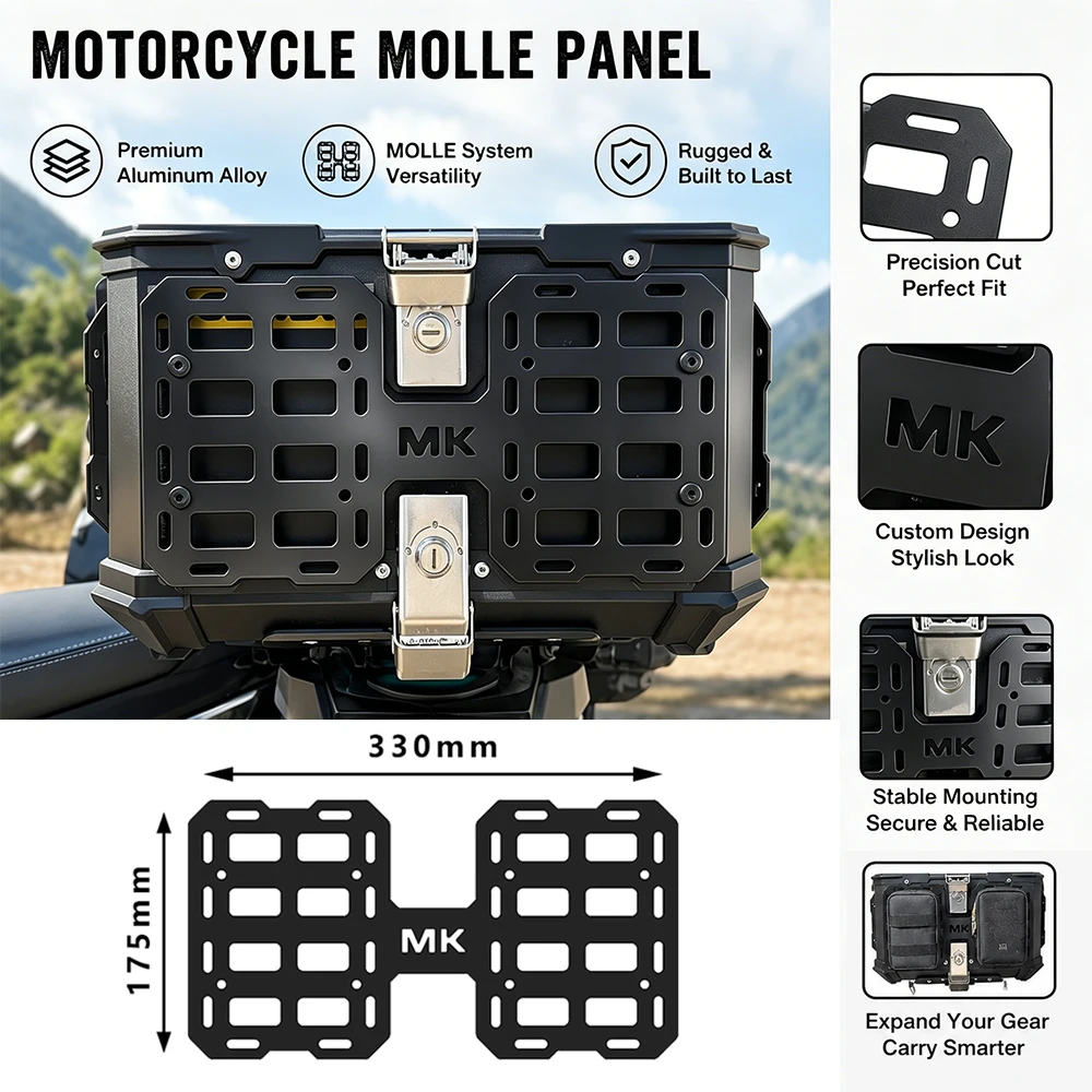 

Motorcycle MOLLE Panel Front Mount Plate For Aluminum Top Case – Expandable Storage Rack for Tool Bags & Adventure Gear