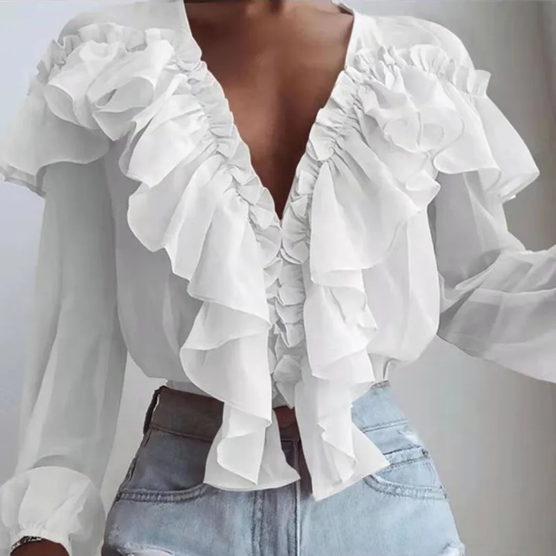 Fashion Sexy Deep V Neck Pullover Shirt For Women\'S Spring Autumn New Elegant Pleated Ruffles White Long Sleeves Blouse Female