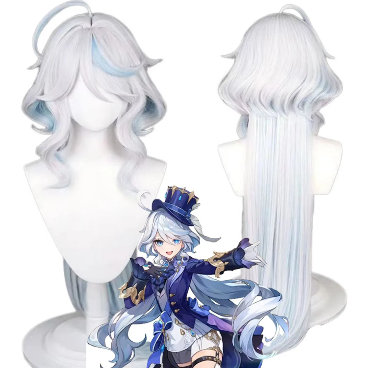 

Genshin Impact Furina Cosplay Wig, Silver White to Blue Ombre Hydro Archon Hair Realistic Scalp Top