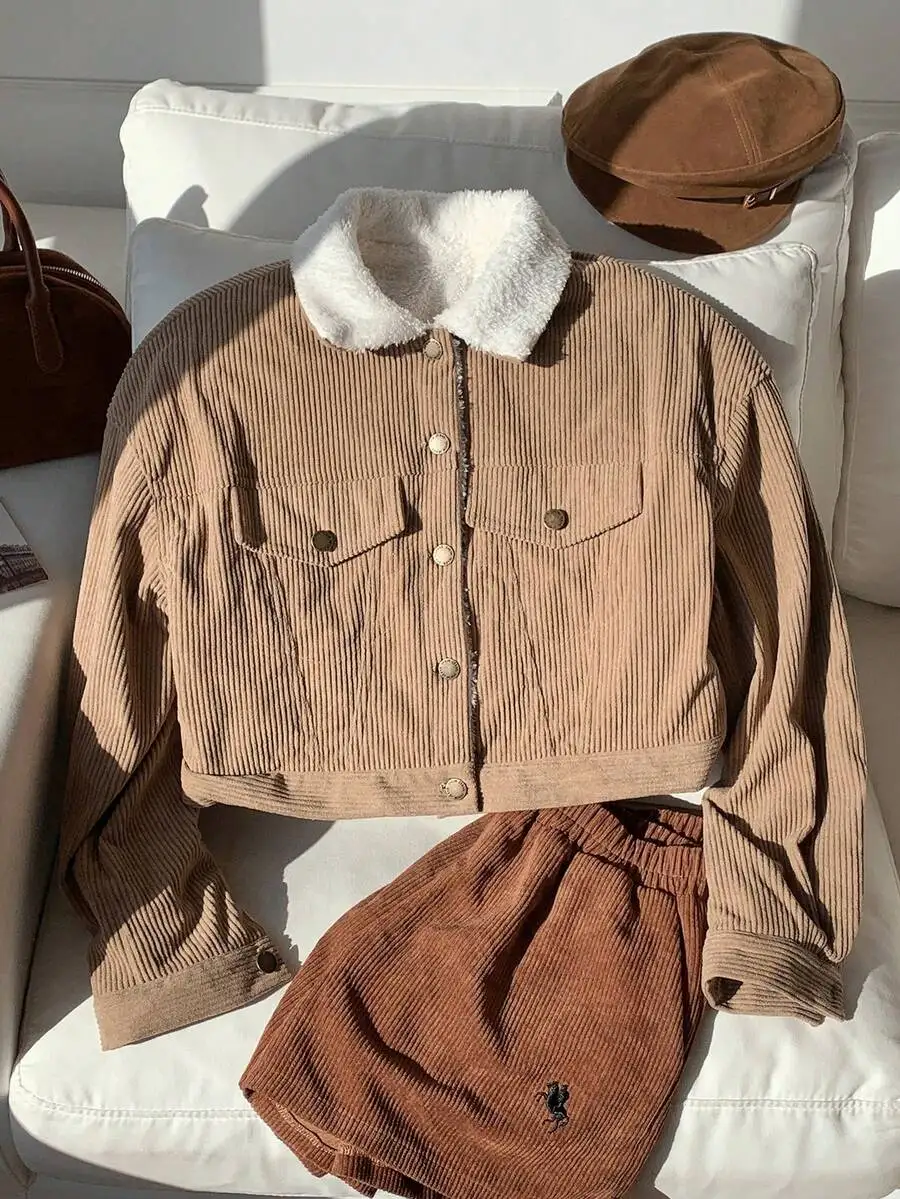 

Women's Corduroy Cropped Jacket with Fleece Collar and Front Pockets