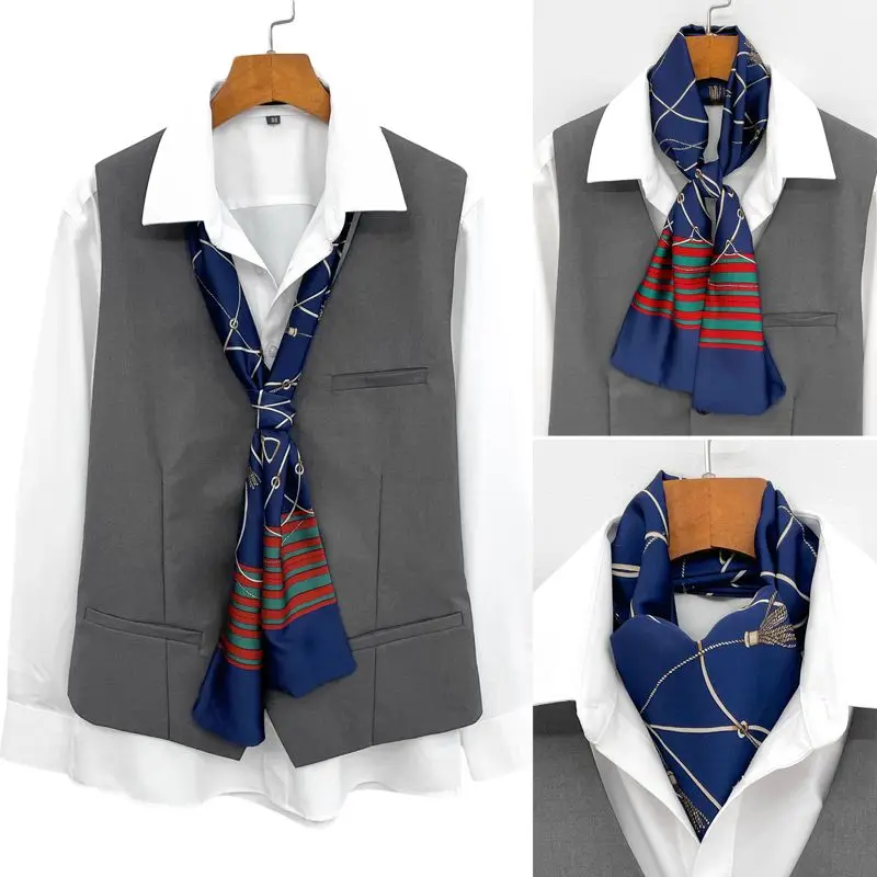 

Men's Layered Scarf British Neck Warmer Business Retro Small Silk Scarf for Shirts and Suits Long Thin Neck Scarf