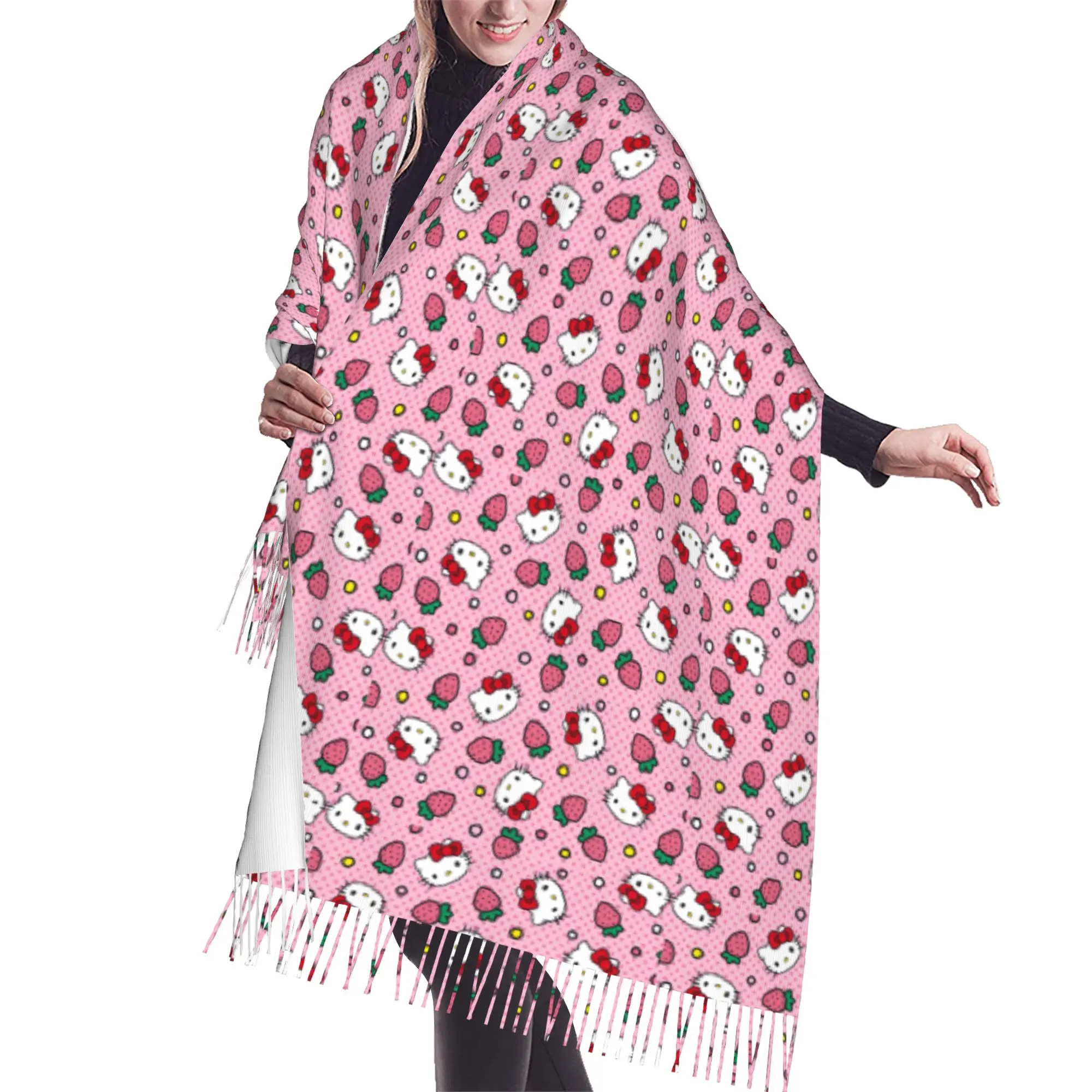 Custom Kitten Cat Cartoon Scarf Wrap for Women Long Winter Warm Tassel Shawl Unisex Anime Scarves