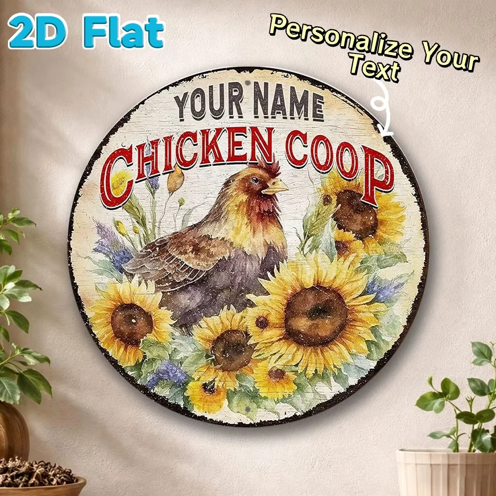 Custom Sunflower Chicken Coop Metal Sign, Personalized Name Round 2D Flat Metal Plaque Farm Outdoor Wall Decor Gift 8 Inch