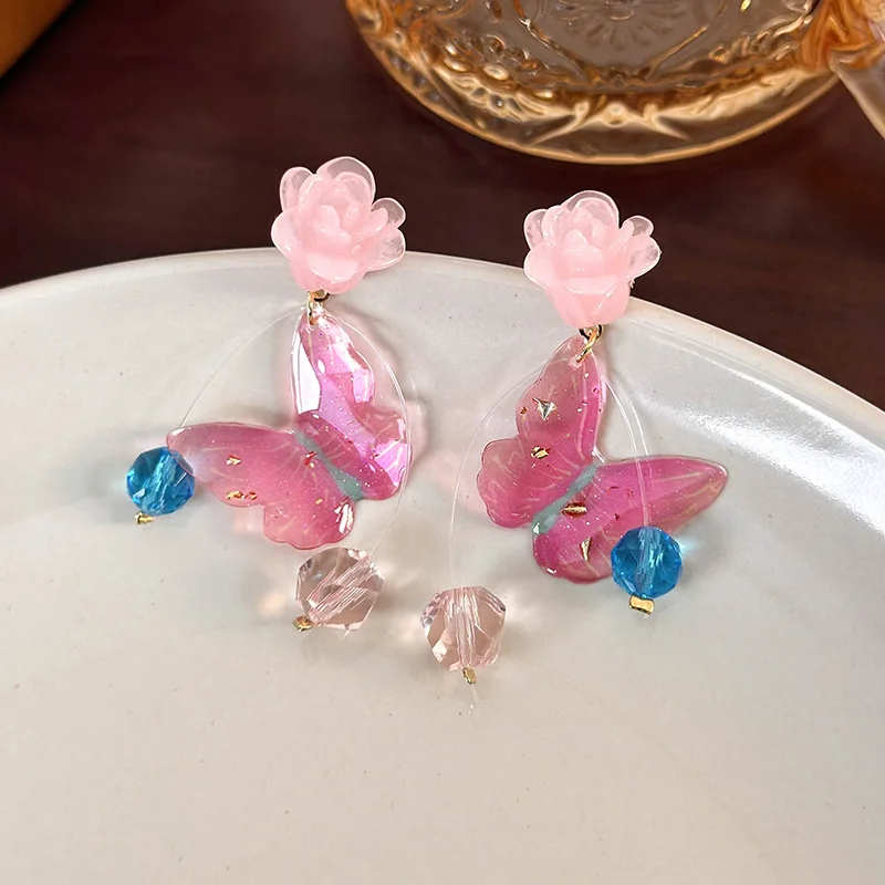 Pink Flower Colorful Crystal Butterfly Tassel Drop Earrings Gentle Romantic Unique Design Premium Jewelry for Women Delicate
