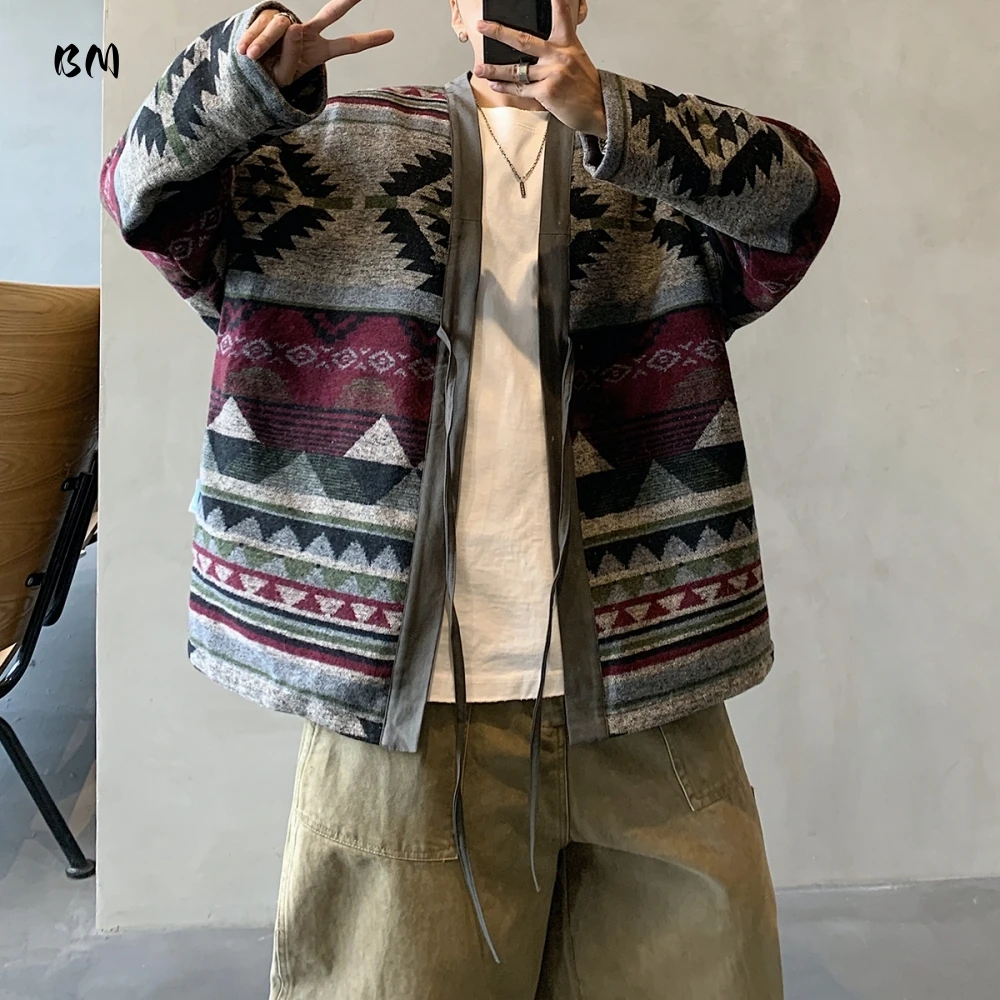 

Men Two Sides Wear Cardigan Jacket Autumn Spring Ethnic Style Retro No Collar High Quality Casual Taoist Robe Oversize Coat