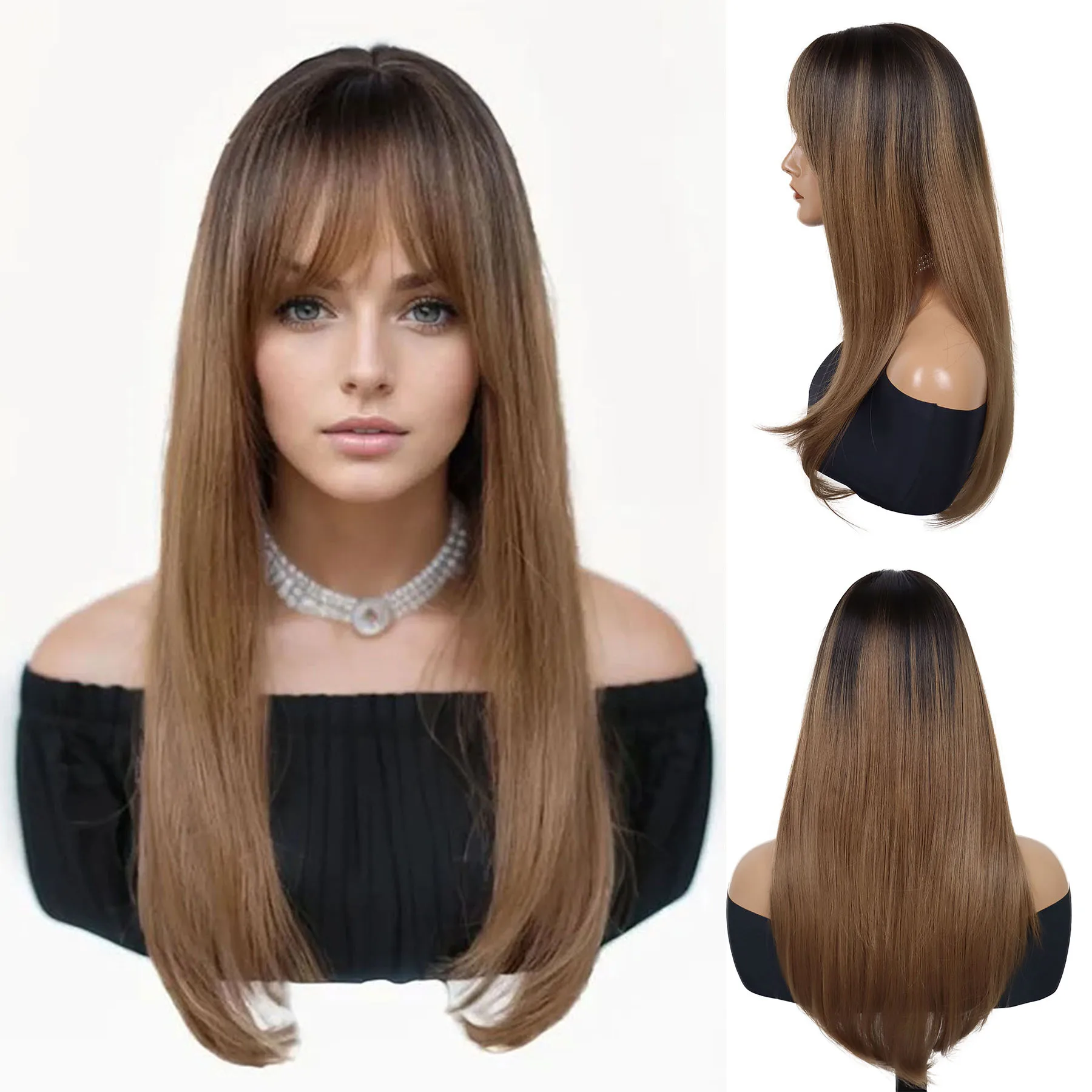 

Synthetic Long Straight Hair Wigs for Women Ombre Brown Wig with Bangs Natural Hairstyle Full Wig Daily Costume Regular Wigs