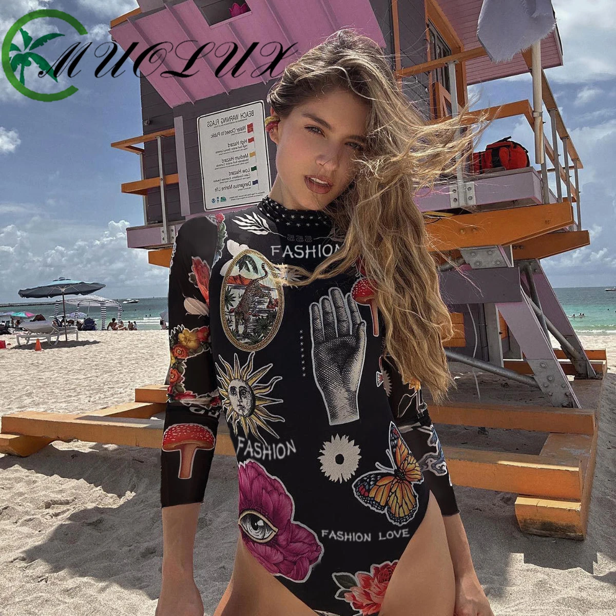 

MUOLUX 2024 New Sexy Long sleeved Women's Swimsuit Sports Surfing Set Seaside One Piece Swimsuit Monokini Bathing Suit Bodysuit