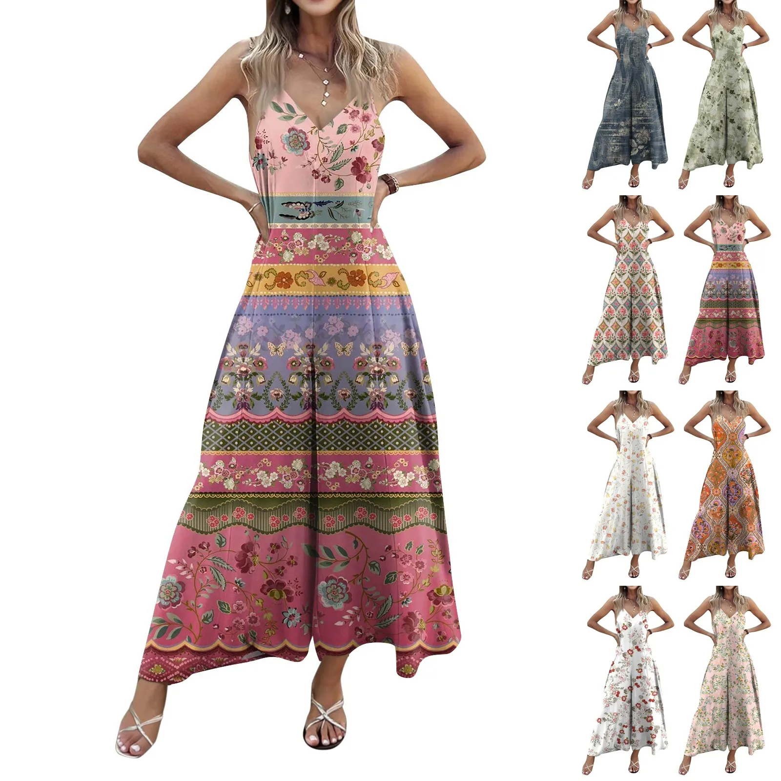 レディース花柄プリントジャンプスーツ　ボヘミアンバケーションスタイルカジュアルジャンプスーツ　調節可能なショルダーストラップ　ルーズワイドレッグジャンプスーツ