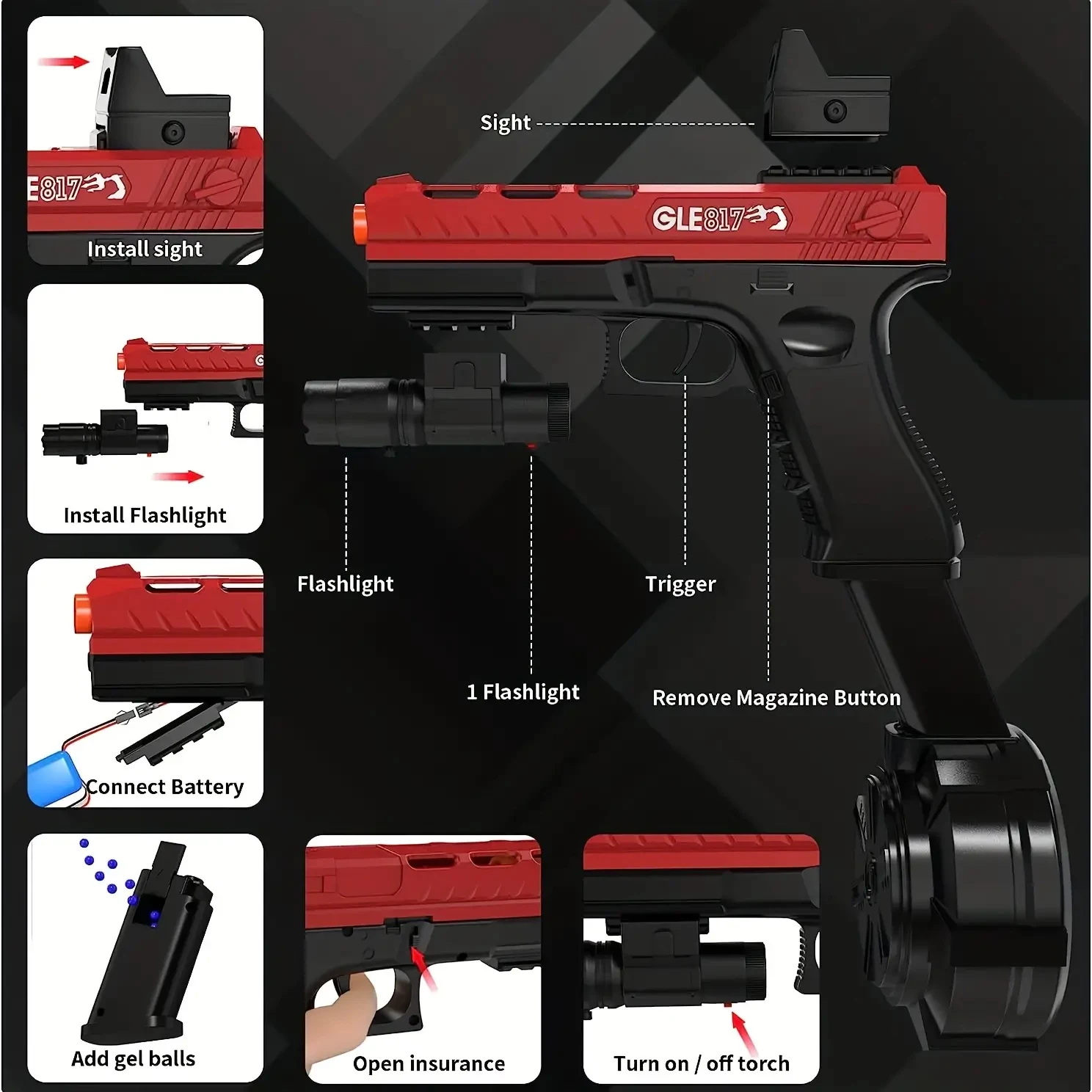Pistolet na żelowe kulki, strzelanie, tryb ręczny i elektryczny, przełączanie dwu trybów, z trzema magazynkami, odpowiedni do interakcji rodzic-dziecko.