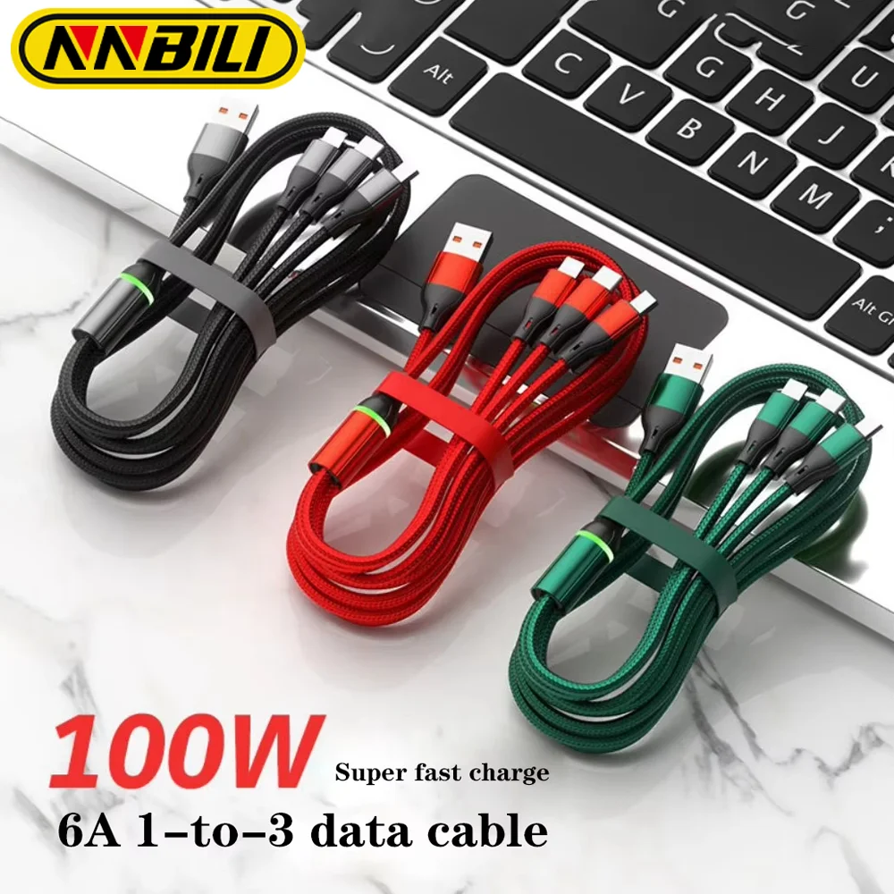 NNBILI 1.2m/2m 3 in 1 USB Fast Charging Cable Type C Micro IOS, Multi Charger Cable for iPhone Huawei Samsung Nylon Braided Cord