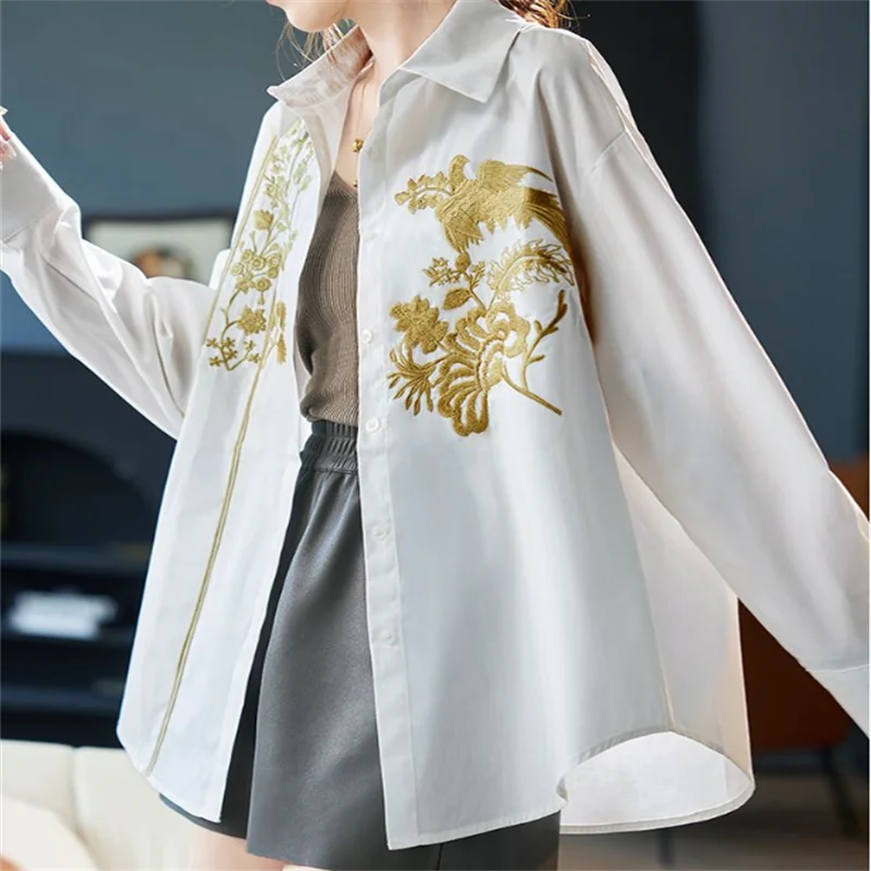 

Embroidered Women Blouse White Shirt Loose Woman Clothes shirts Leisure Blouses Laple Cardigan Long Sleeve Female Blous