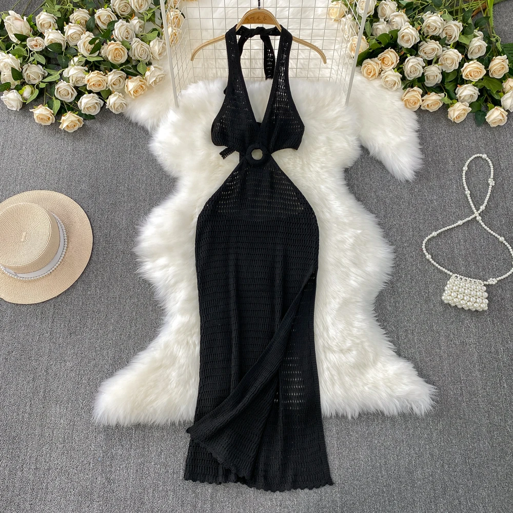 Frauen Tropical Gestrickte Split Kleid Ethnische Böhmische Bikini Abdeckungen Aushöhlen Vintage Strand Neckholder Bandage Hotsweet Sheer Kleider