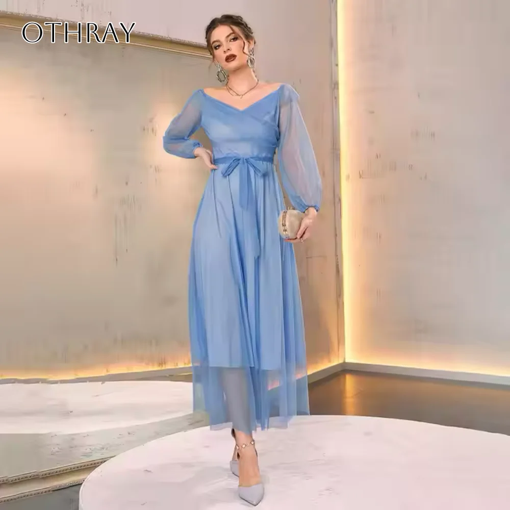 

Organza V-neck A-line Tea Length Homecoming Dress Sash Long Sleeves Customized فساتين حفلة موسيقية