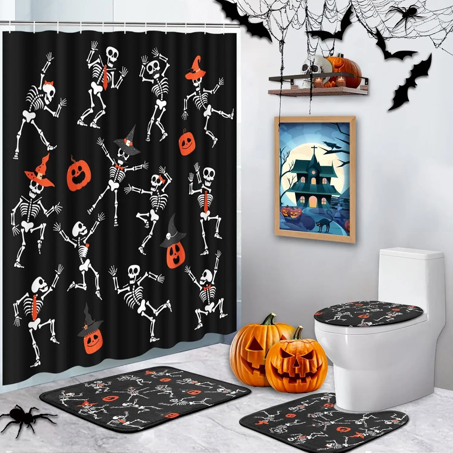 

4-комплекты занавесок для душа, забавные водонепроницаемые наборы для ванной комнаты с тыквой на Хэллоуин, нескользящими ковриками, крышкой для унитаза и ковриком для ванной