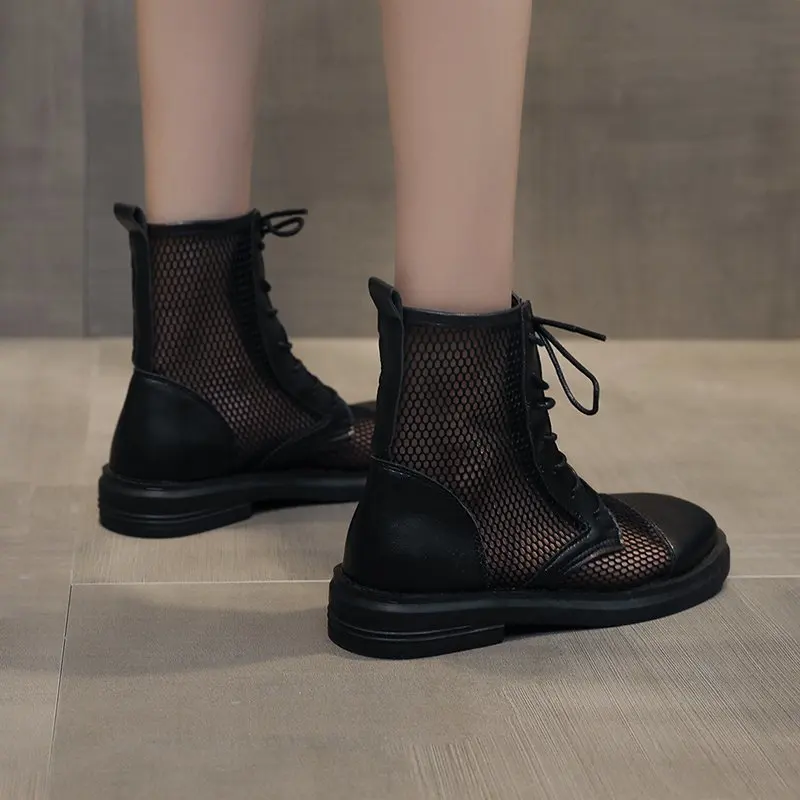 Summer Breathable Mesh Ankle Boots for Women Fashion Black Beige Lace Up Casual Shoes Woman Flat Platform Square Toe Cool Boots