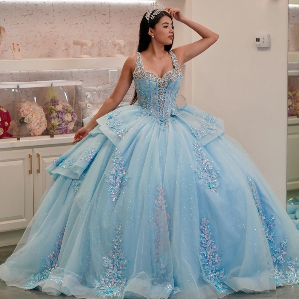 

EVLAST Customized Sky Blue Ball Gown Quinceanera Dress Sequins Lace Applique Beading Corset Sweet 16 Vestidos De 15 Anos E1QN36
