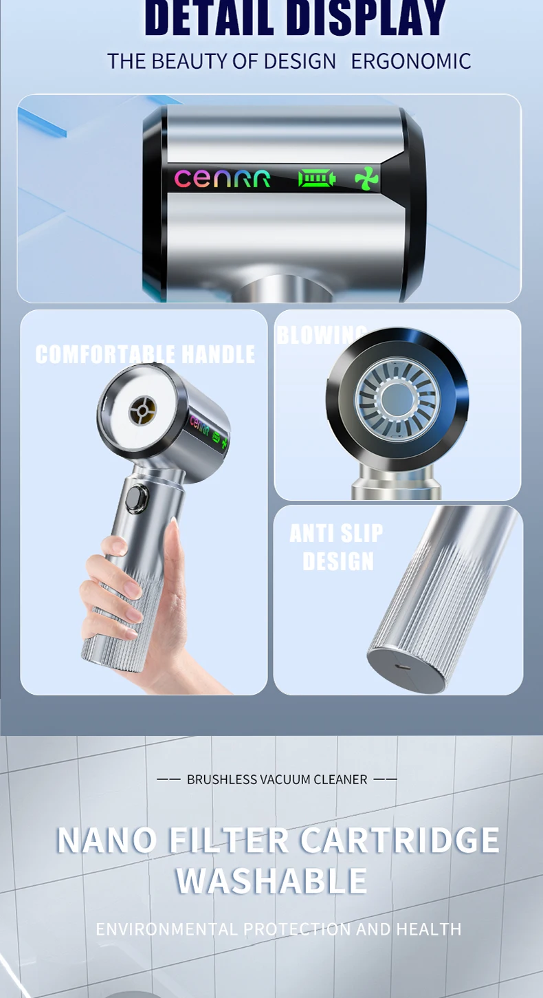 CENRR New Car Vacuum Cleaner Wireless Mini Powerful Portable HandHeld Car Cleaner LED Power Display Gift Lamp Air Gun 7500mAh