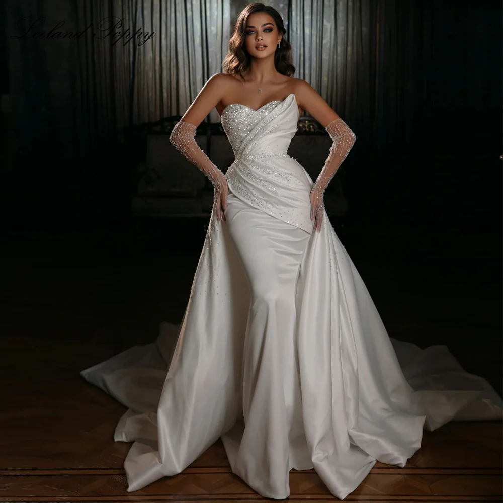 

Lceland Poppy Strapless Mermaid Satin Wedding Dresses Customizable Sequined Beaded Bridal Gowns with Detachable Train