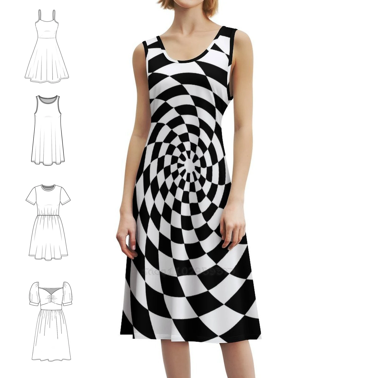 الوهم البصري Op Art فستان بوهيمي أبيض وأسود بدون أكمام للنساء طباعة فساتين حفلات الشاطئ الوهم البصري الرجعية #1