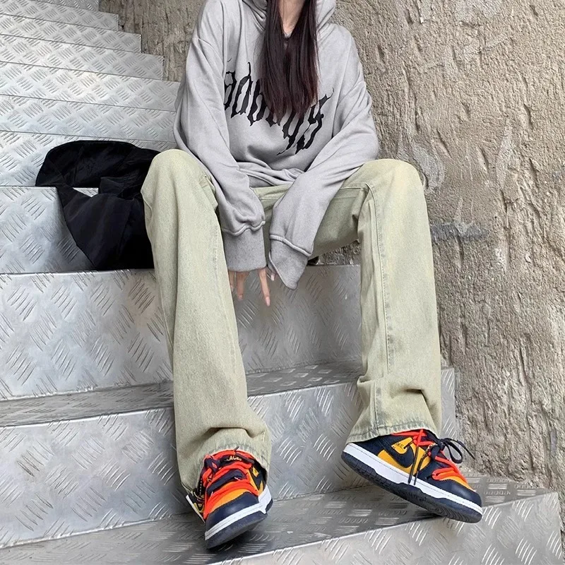 

American High Street Men's Spring Autumn Wide Leg Jeans Loose Straight Casual Trousers Yellow Mud Color Faionable Jeans