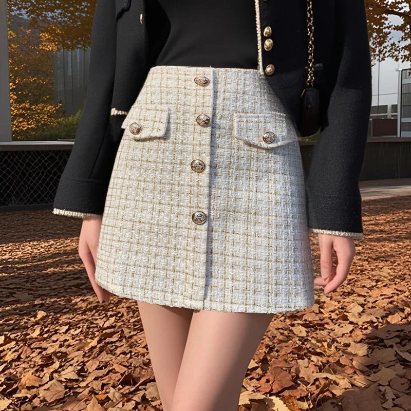 秋冬チェック柄ウールスカート レディースファッション ハイウエストポケット シングルブレスト Aライン 仕事 パーティー ショートミニスカート