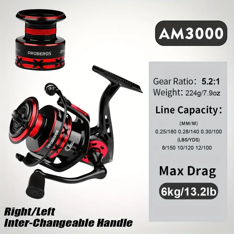 PRO BEROS PROBEROS Angelrolle 5,2:1 1000-6000 Max Drag 9 kg Spinnrollen Metallspule Reel Drag Angelrolle, Angelzubehör 5