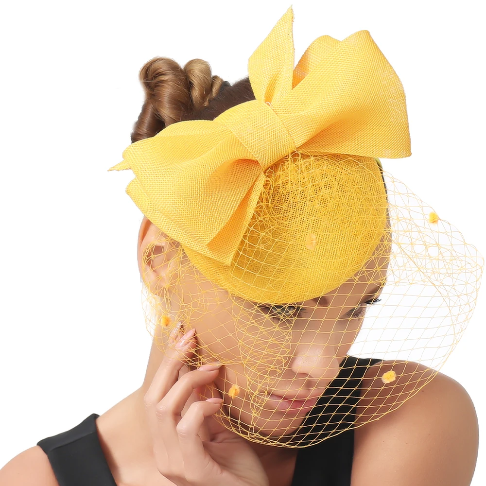 Elegant Champagne Bride Wedding Headwear Hair Clip Cocktail Fascinator Hat for Women with Veil Chapeau Hair Accessory