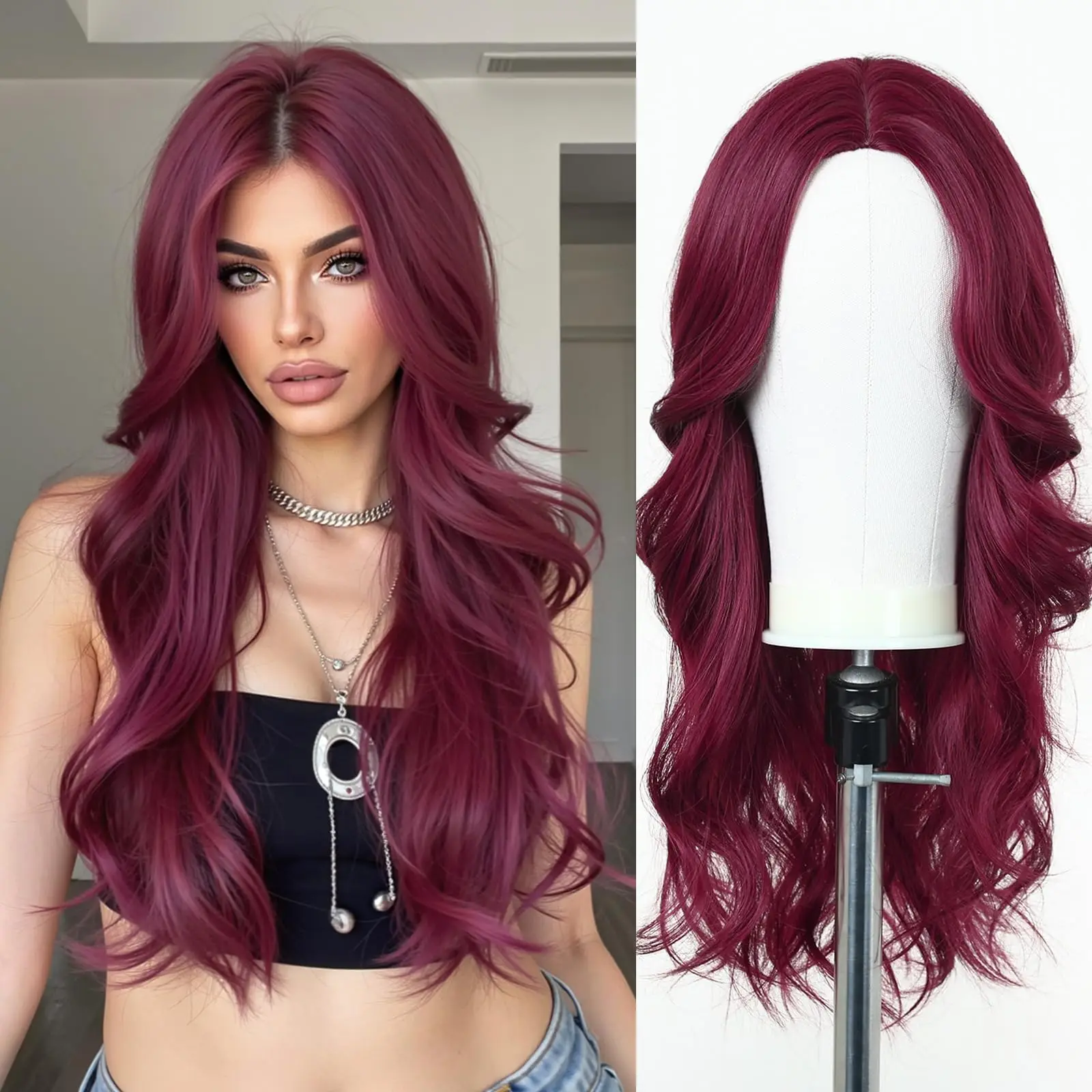 

Red wine color synthetic wig with big waves for party, Halloween cosplay, everyday use, high-temperature hair silk wig set