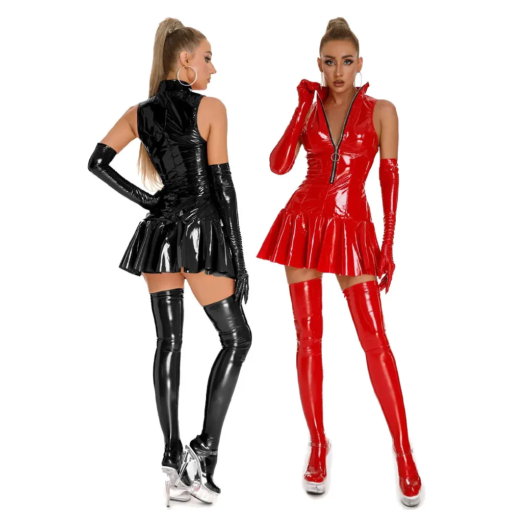

Women Leather Dress Set Sexy Shiny PVC Latex Mini Skirt With Gloves And Stocking Pole Dance Sleeveless Latex Pleated Dress