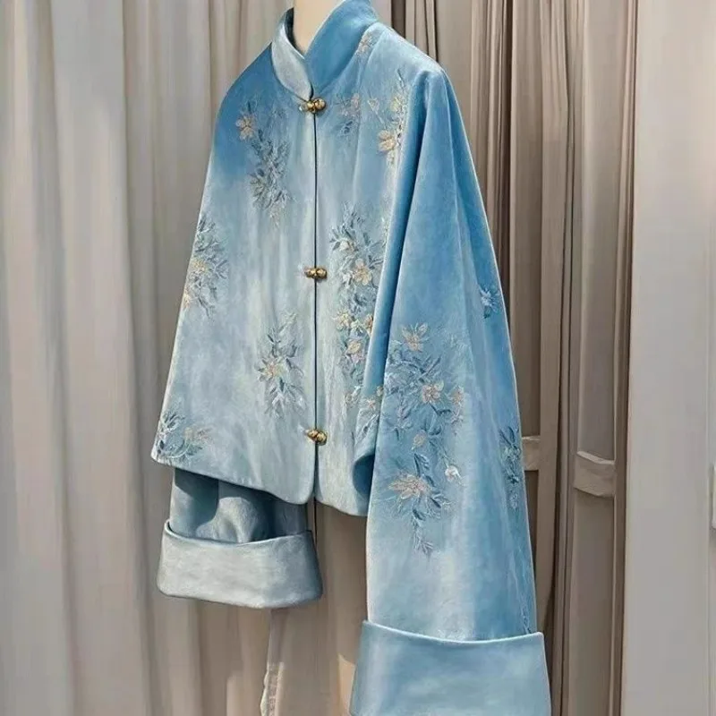 Chinese Style Blue Embroidered Velvet Jacket Women Autumn New Tang Style Collar Buckle Reduced Age Female Coat