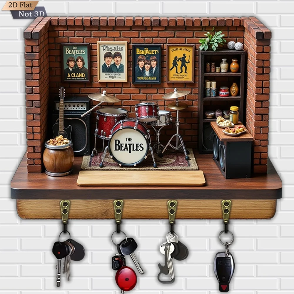 2D-Flach, 1 Stück, Schlüsselhaken im Retro-Rock-Stil, multifunktionaler Schlüsselhaken aus Holz für Zuhause, mit vier Metallhaken, Wanddekoration – Detail 3