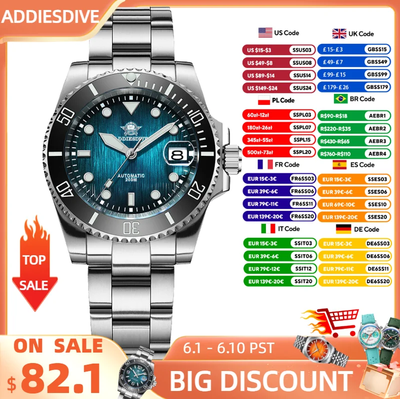 

ADDIESDIVE Automatic Watch for Men 41mm Sapphire Super Luminous Waterproof 20Bar Dive Man Wristwatch Swim Sport 8215 Mechanical