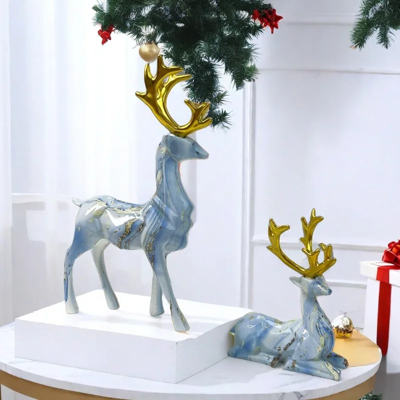 Christmas Couple Reindeer Statues Set Golden Antlers Blue Marble Texture Lucky Deer Figurines Home Decor Living Room Tv Cabinet