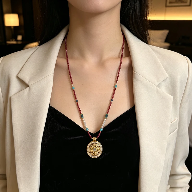 Ancient Method Sand Gold Eight Treasures Compass Pendant with Natural Pearl Necklace, Adjustable Length of 75cm.