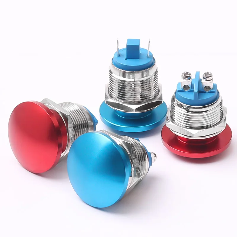 Mushroom Head Metal Push Button Switch 16/19/22MM 1NO Self-Reset Momentary Screw Foot Welding Foot  Red/Yellow/Blue/Green/White